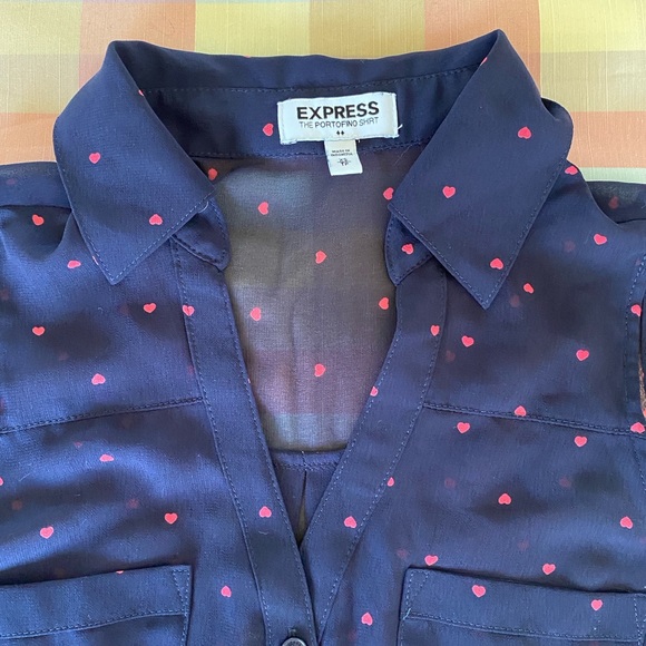 express portofino sleeveless blouse navy blue with pink hearts xs sheer - Picture 5 of 7